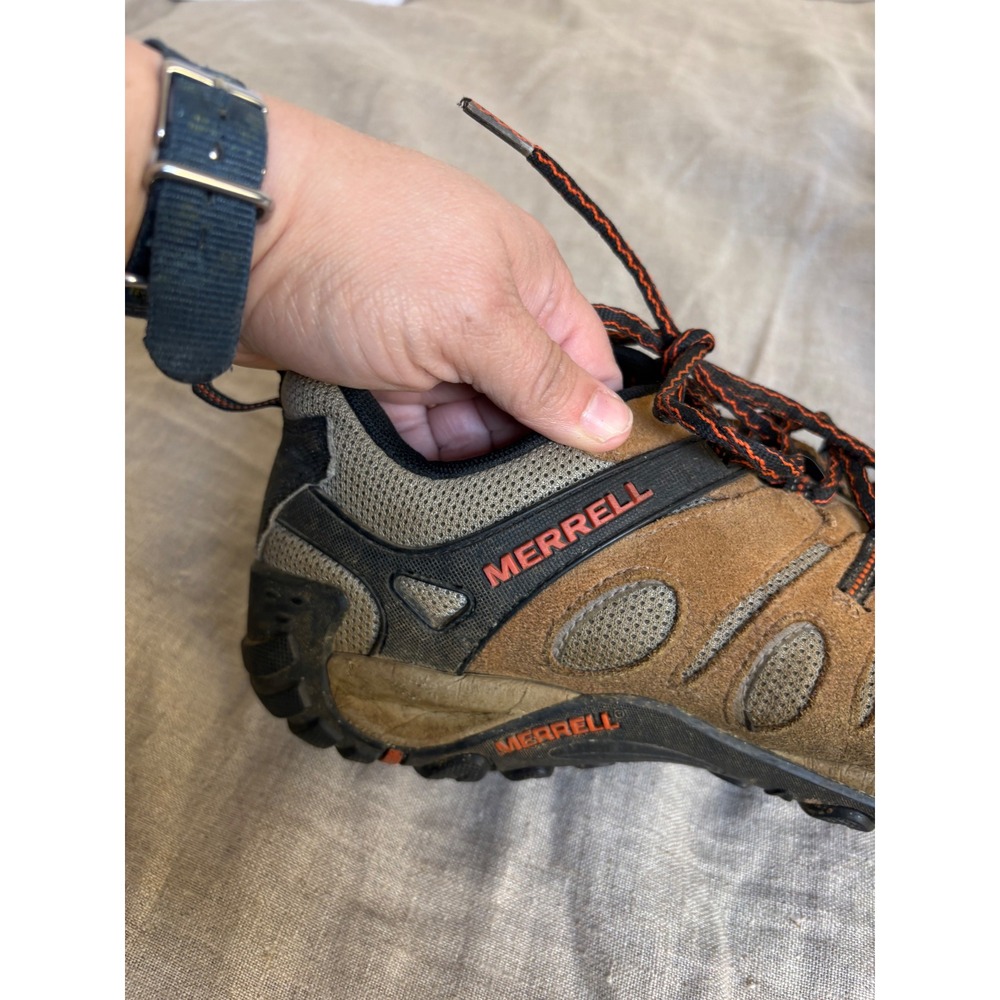 Merrell Mens Hiking Shoes Brown Black Orange Suede Mesh Low Top Trail Sneakers - Picture 2 of 13